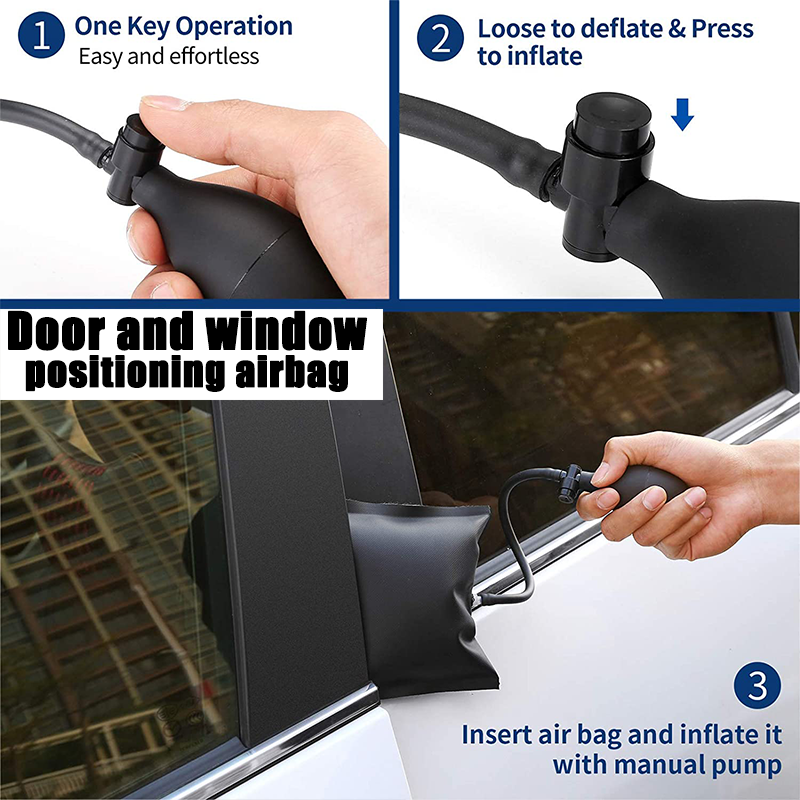 18pcs Car Tools Kit with 4 long reach grabbers, 2 air bag pumps, 4 trim removal tools, 4 fastener nuts, 2 wrenches, 1 injury free wedge, 1 tool case bag, 1 manual